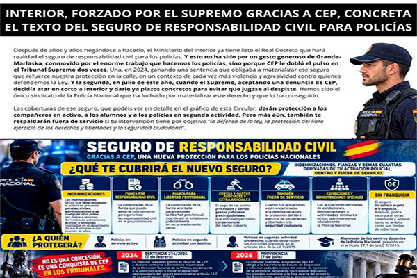 INTERIOR, FORZADO POR EL SUPREMO GRACIAS A CEP, CONCRETA EL TEXTO DEL SEGURO DE RESPONSABILIDAD CIVIL PARA POLICÍAS
